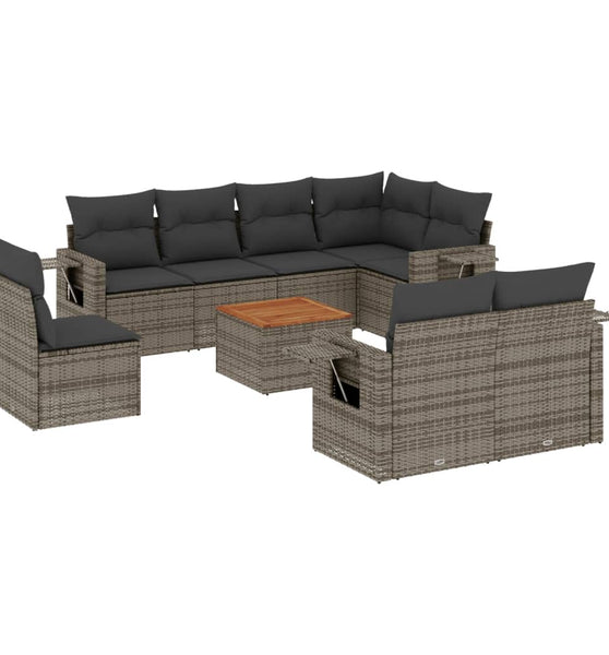 9-tlg. Garten-Sofagarnitur mit Kissen Grau Poly Rattan