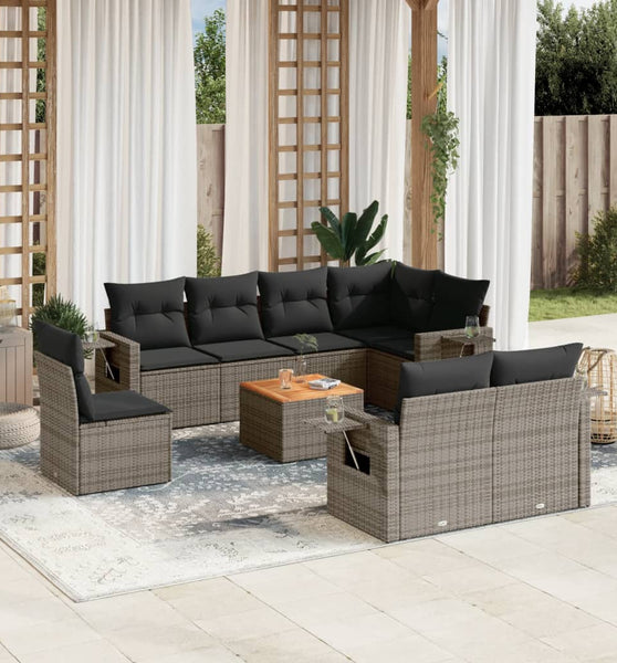 9-tlg. Garten-Sofagarnitur mit Kissen Grau Poly Rattan