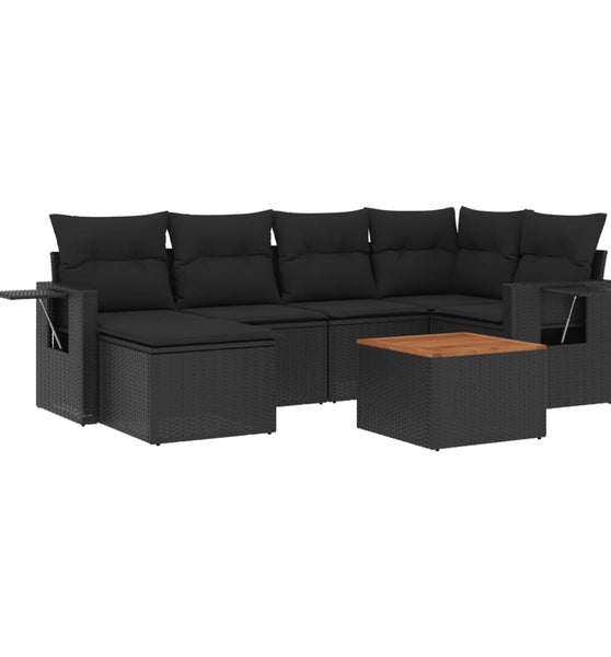 7-tlg. Garten-Sofagarnitur mit Kissen Schwarz Poly Rattan