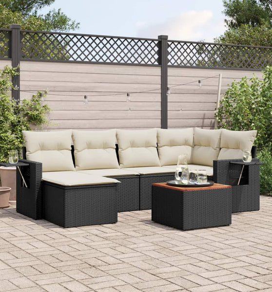 7-tlg. Garten-Sofagarnitur mit Kissen Schwarz Poly Rattan