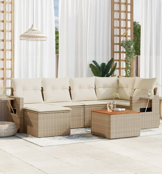 7-tlg. Garten-Sofagarnitur mit Kissen Beige Poly Rattan