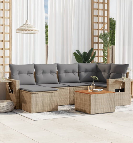 7-tlg. Garten-Sofagarnitur mit Kissen Beige Poly Rattan