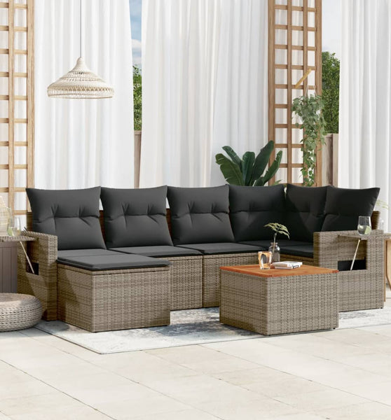 7-tlg. Garten-Sofagarnitur mit Kissen Grau Poly Rattan