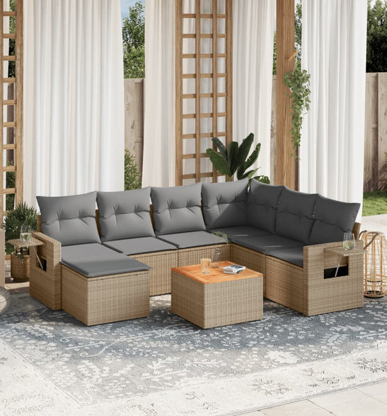 8-tlg. Garten-Sofagarnitur mit Kissen Beige Poly Rattan