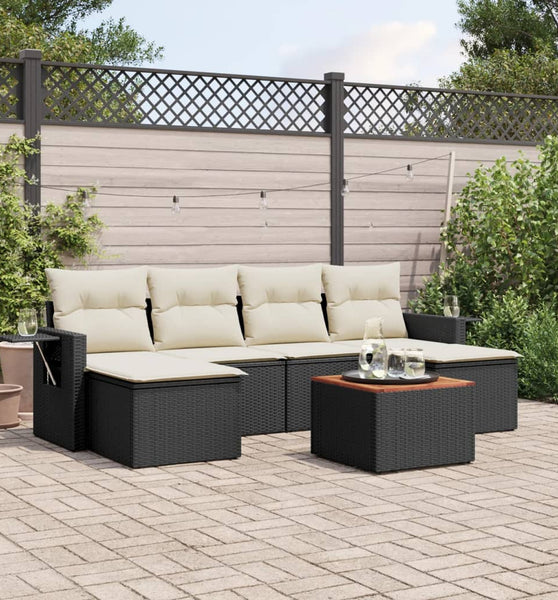 7-tlg. Garten-Sofagarnitur mit Kissen Schwarz Poly Rattan