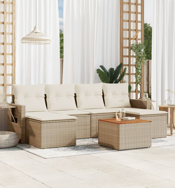 7-tlg. Garten-Sofagarnitur mit Kissen Beige Poly Rattan