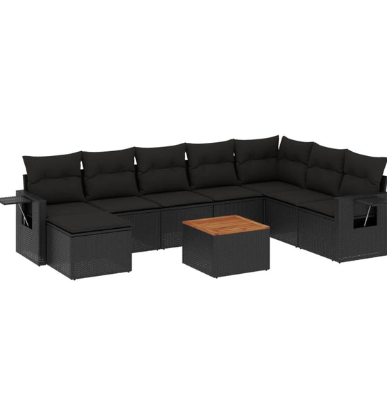 9-tlg. Garten-Sofagarnitur mit Kissen Schwarz Poly Rattan