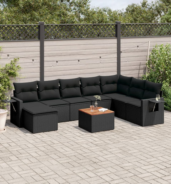 9-tlg. Garten-Sofagarnitur mit Kissen Schwarz Poly Rattan