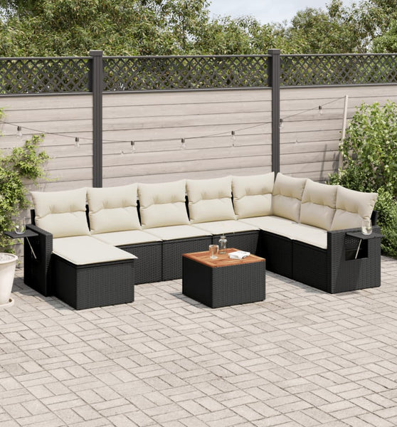 9-tlg. Garten-Sofagarnitur mit Kissen Schwarz Poly Rattan