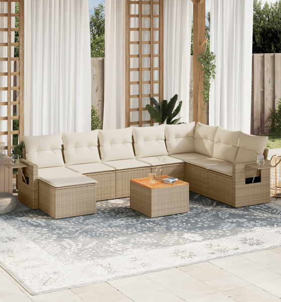 9-tlg. Garten-Sofagarnitur mit Kissen Beige Poly Rattan