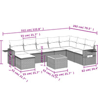 9-tlg. Garten-Sofagarnitur mit Kissen Grau Poly Rattan