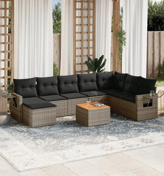 9-tlg. Garten-Sofagarnitur mit Kissen Grau Poly Rattan