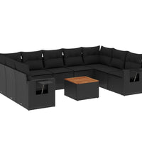 10-tlg. Garten-Sofagarnitur mit Kissen Schwarz Poly Rattan