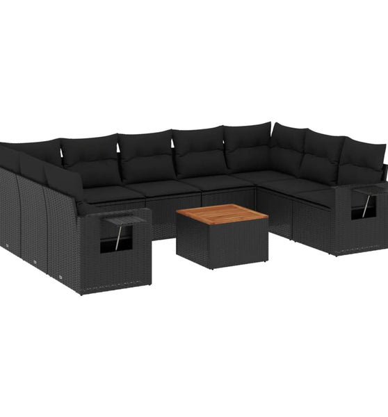 10-tlg. Garten-Sofagarnitur mit Kissen Schwarz Poly Rattan