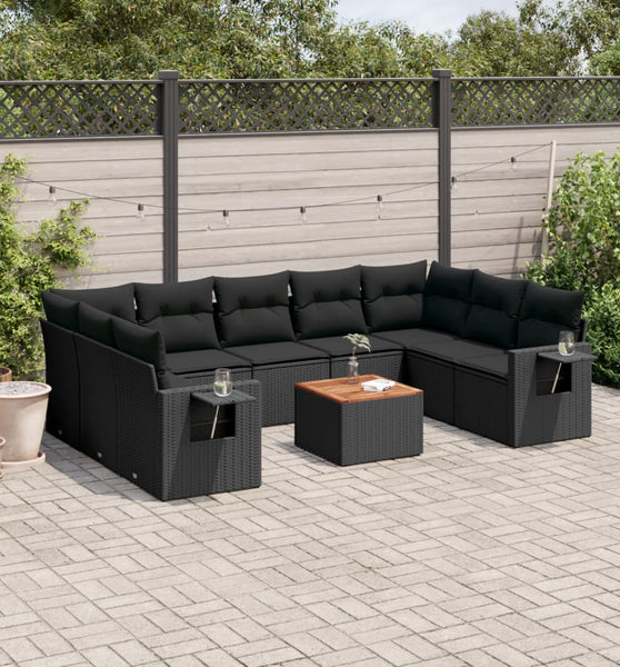 10-tlg. Garten-Sofagarnitur mit Kissen Schwarz Poly Rattan