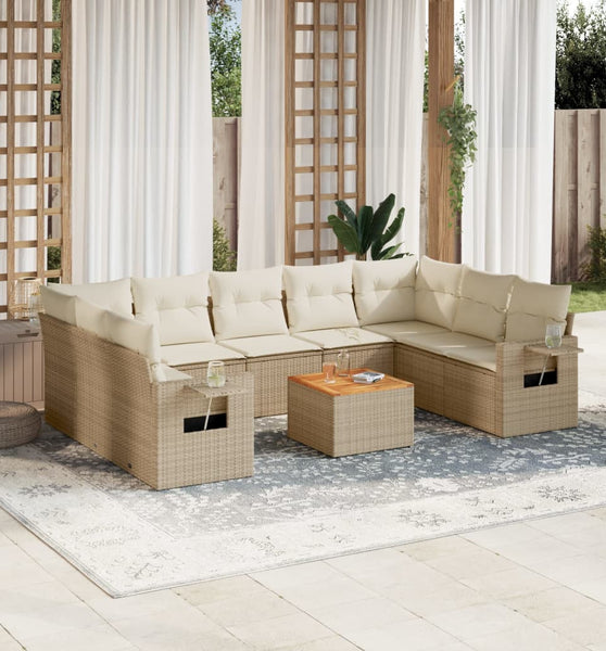 10-tlg. Garten-Sofagarnitur mit Kissen Beige Poly Rattan