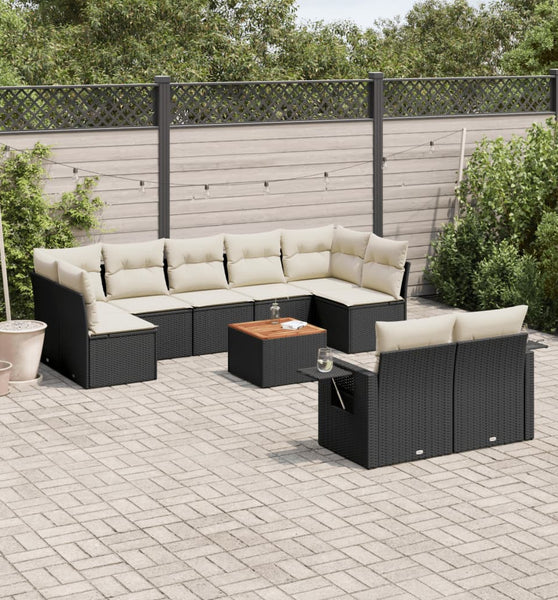 10-tlg. Garten-Sofagarnitur mit Kissen Schwarz Poly Rattan