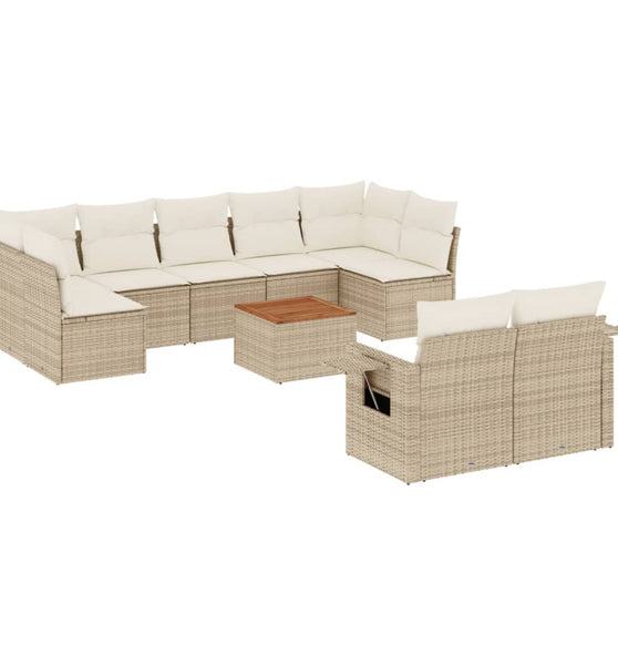 10-tlg. Garten-Sofagarnitur mit Kissen Beige Poly Rattan