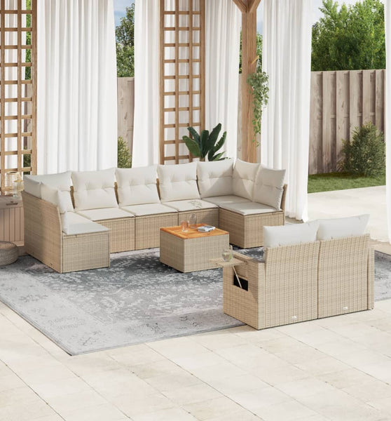 10-tlg. Garten-Sofagarnitur mit Kissen Beige Poly Rattan