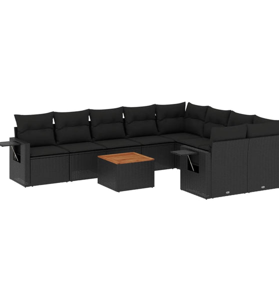 10-tlg. Garten-Sofagarnitur mit Kissen Schwarz Poly Rattan