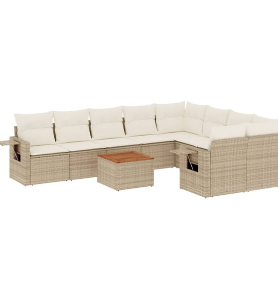 10-tlg. Garten-Sofagarnitur mit Kissen Beige Poly Rattan