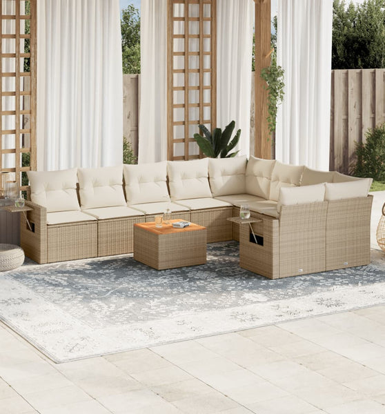 10-tlg. Garten-Sofagarnitur mit Kissen Beige Poly Rattan