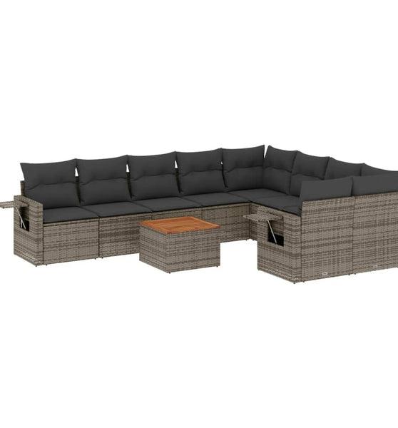 10-tlg. Garten-Sofagarnitur mit Kissen Grau Poly Rattan