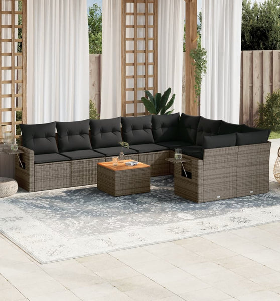 10-tlg. Garten-Sofagarnitur mit Kissen Grau Poly Rattan