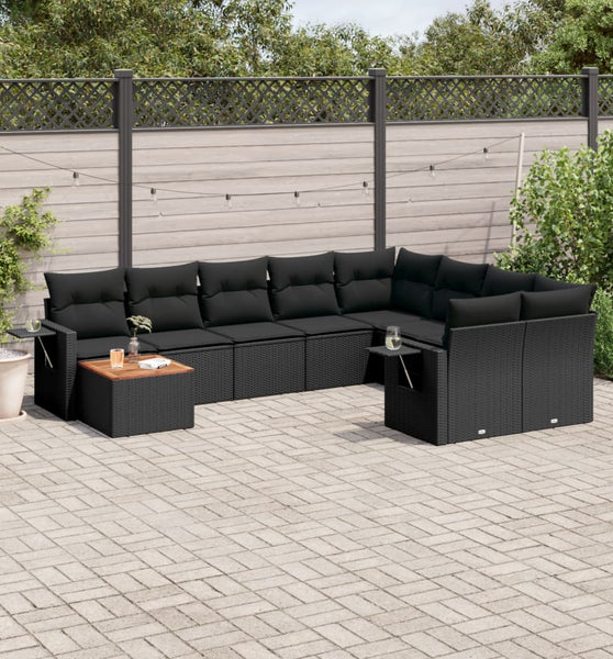 10-tlg. Garten-Sofagarnitur mit Kissen Schwarz Poly Rattan