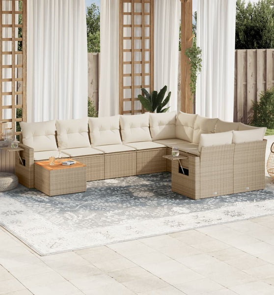 10-tlg. Garten-Sofagarnitur mit Kissen Beige Poly Rattan