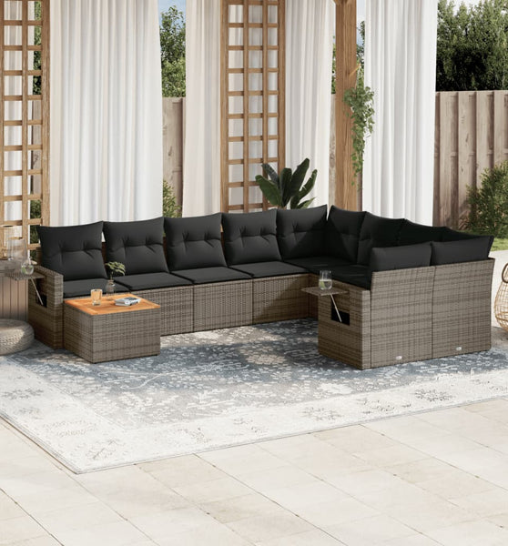 10-tlg. Garten-Sofagarnitur mit Kissen Grau Poly Rattan