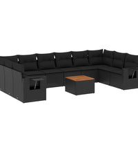 11-tlg. Garten-Sofagarnitur mit Kissen Schwarz Poly Rattan