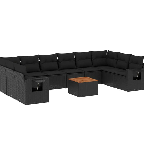 11-tlg. Garten-Sofagarnitur mit Kissen Schwarz Poly Rattan