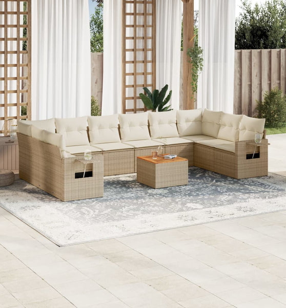 11-tlg. Garten-Sofagarnitur mit Kissen Beige Poly Rattan