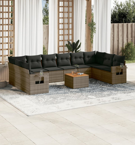 11-tlg. Garten-Sofagarnitur mit Kissen Grau Poly Rattan