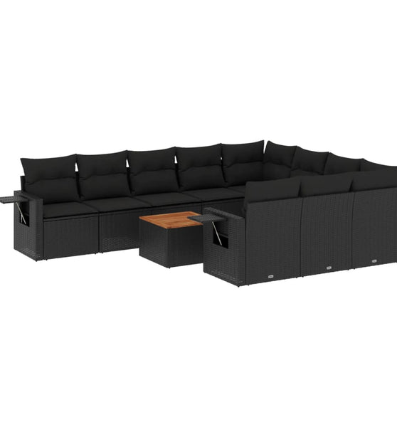 11-tlg. Garten-Sofagarnitur mit Kissen Schwarz Poly Rattan