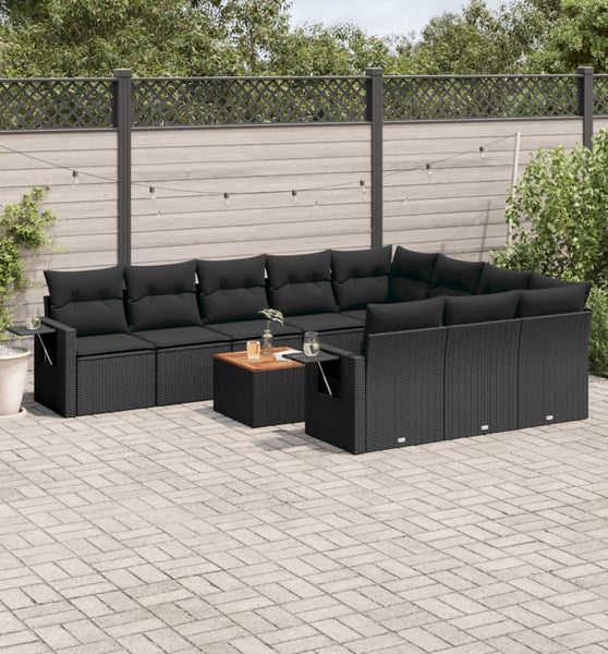 11-tlg. Garten-Sofagarnitur mit Kissen Schwarz Poly Rattan