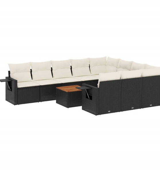 11-tlg. Garten-Sofagarnitur mit Kissen Schwarz Poly Rattan