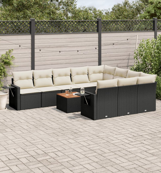 11-tlg. Garten-Sofagarnitur mit Kissen Schwarz Poly Rattan