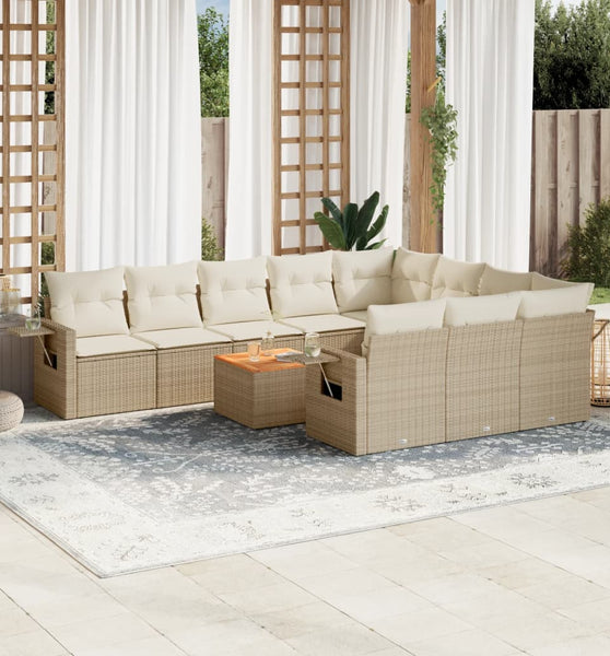 11-tlg. Garten-Sofagarnitur mit Kissen Beige Poly Rattan