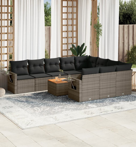 11-tlg. Garten-Sofagarnitur mit Kissen Grau Poly Rattan