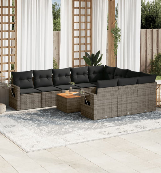 11-tlg. Garten-Sofagarnitur mit Kissen Schwarz Poly Rattan