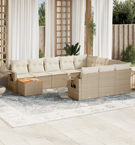 11-tlg. Garten-Sofagarnitur mit Kissen Beige Poly Rattan