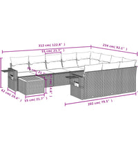 11-tlg. Garten-Sofagarnitur mit Kissen Grau Poly Rattan