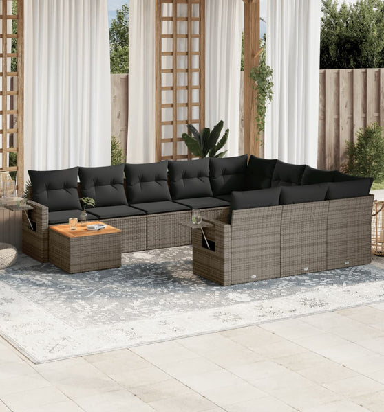 11-tlg. Garten-Sofagarnitur mit Kissen Grau Poly Rattan