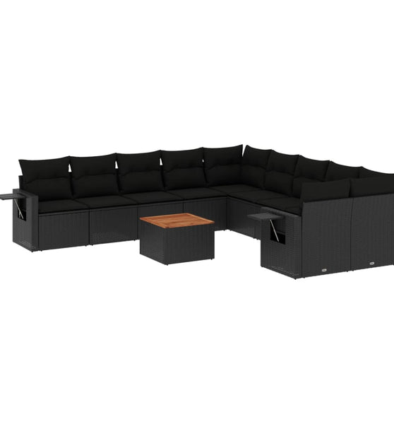 11-tlg. Garten-Sofagarnitur mit Kissen Schwarz Poly Rattan