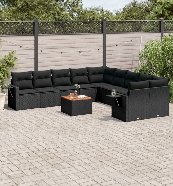 11-tlg. Garten-Sofagarnitur mit Kissen Schwarz Poly Rattan