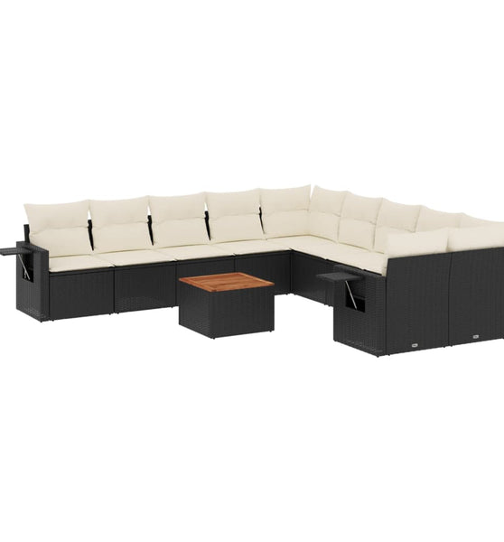 11-tlg. Garten-Sofagarnitur mit Kissen Schwarz Poly Rattan