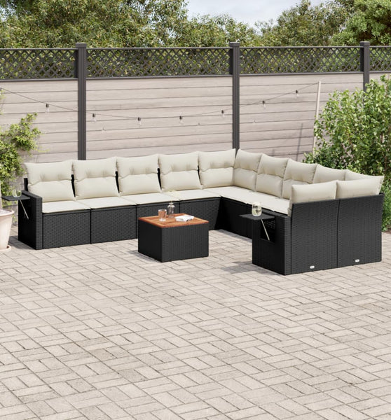 11-tlg. Garten-Sofagarnitur mit Kissen Schwarz Poly Rattan