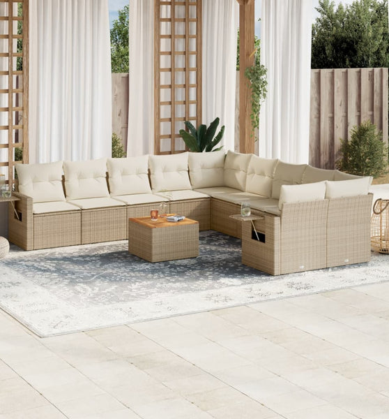 11-tlg. Garten-Sofagarnitur mit Kissen Beige Poly Rattan